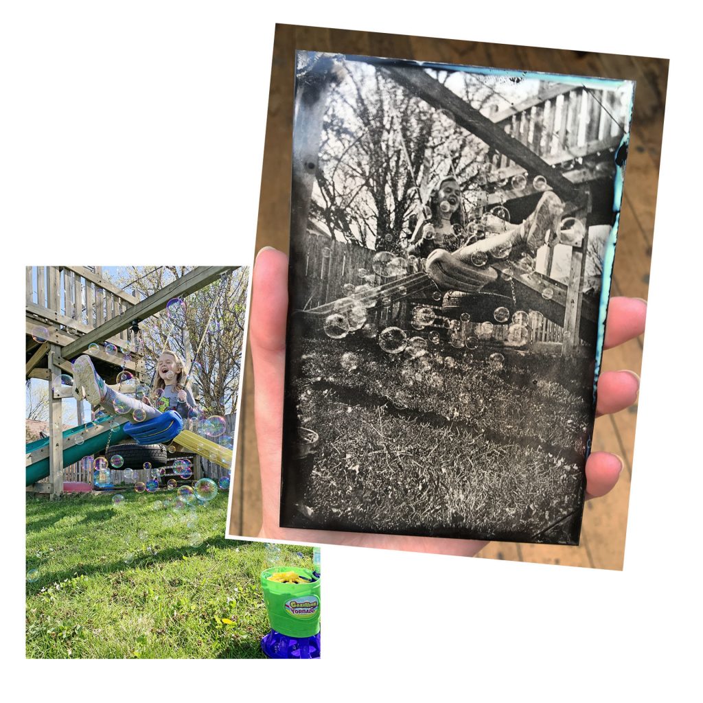a photo of a girl on a swing set with bubbles on the lower left corner and a tintype of the girl in the upper right corner