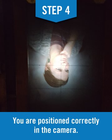 A zoomed in shot of the woman's portrait, upside down, with slight cross hairs visible. This image reads "step 4 you are positioned correctly in the camera"