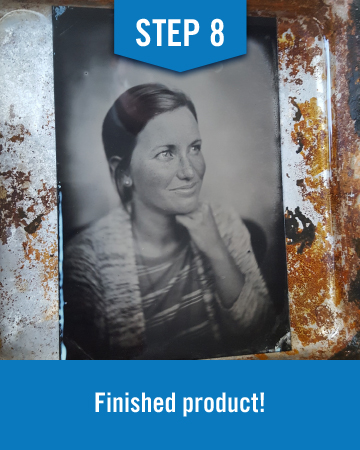 The woman appears in her final picture, in black and white tintype, smiling serenely off camera a slight smile on her face, chin resting on her fist. This image reads "step 8 finished product"